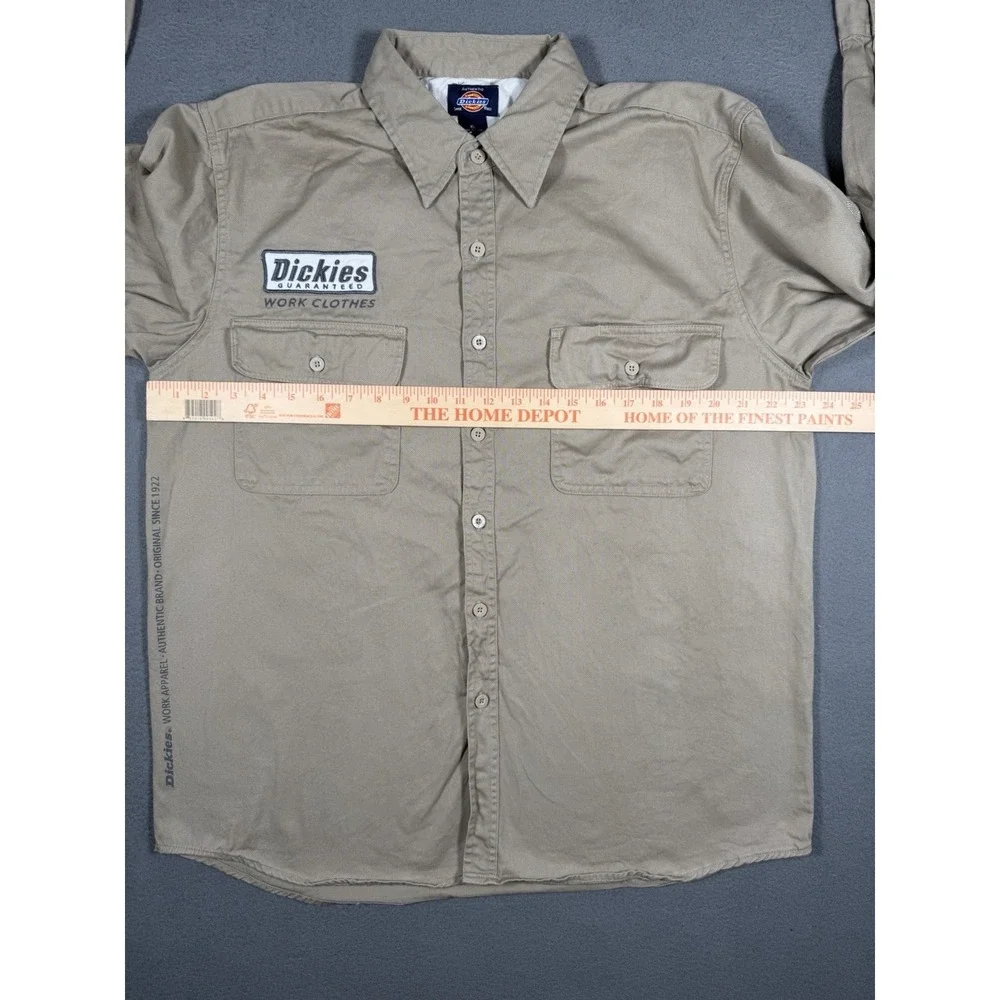 Vintage Dickies Work Shirt Mens XL Khaki Long Sleeve Back Graphic Spell Out